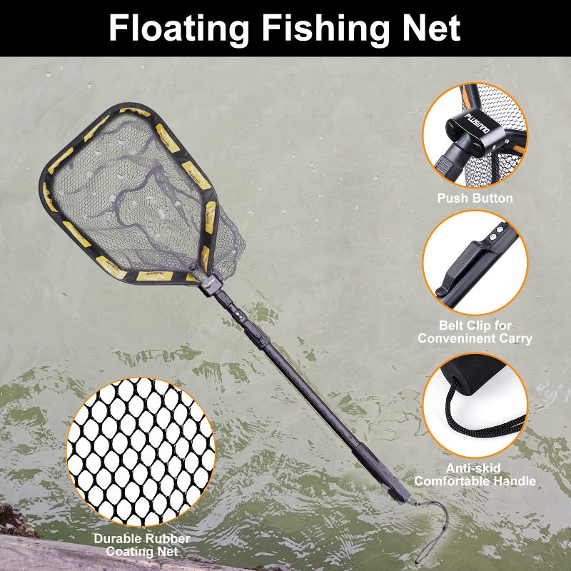 PLUSINNO Floating Fishing Net for Steelhead, Salmon, Fly, Kayak, Catfish, Bass, Trout Fishing, Rubber Coated Foldable Landing Net with Fixed or Telescoping Pole Handle, Fishing Gear and Gifts for Men - Image 2
